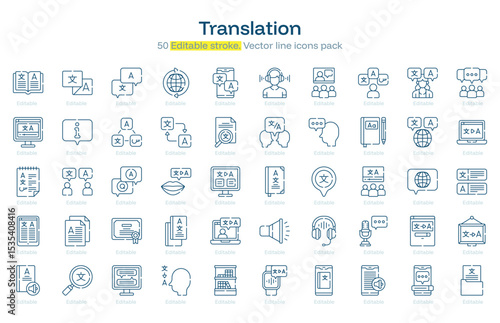 Translation line icon pack. Translation Stroke icon set. Editable Stroke icon