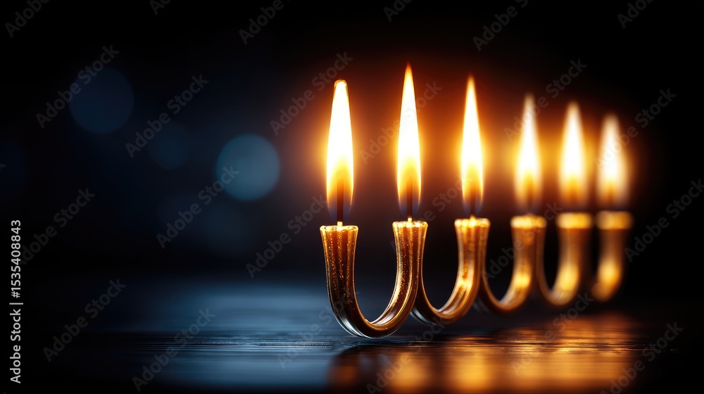 Fototapeta premium Hanukkah menorah with burning candles in a dark setting.
