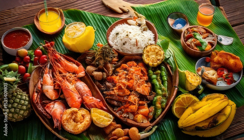 Vibrant Filipino boodle fight setup featuring grilled seafood, rice, and colorful tropical drinks arranged banana leaves, creating festive