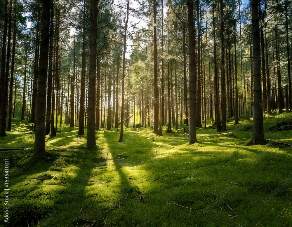 Serene forest scene with tall evergreen trees, sunlight filtering through branches, and lush green moss covered ground, creating tranquil Serene forest scene with tall evergreen trees, sunlight filtering through branches, and lush green moss covered ground, creating tranquil