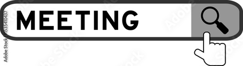 Search banner in word meeting with hand over magnifier icon on white background