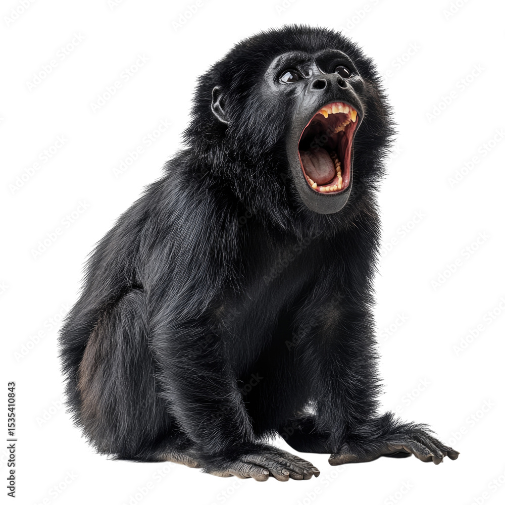 Fototapeta premium Black howler monkey roaring with open mouth, exhibiting strong vocalization, isolated on transparent background, cutout PNG