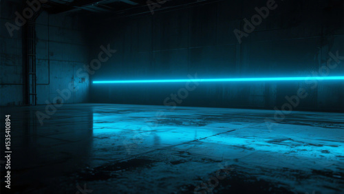 A dark industrial room features a bright blue neon light reflecting on a wet floor