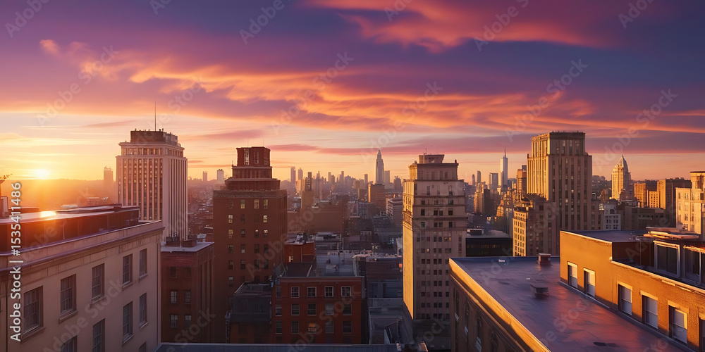 Fototapeta premium Sunset Over City Skyline with Vibrant Orange and Purple Clouds and Silhouetted Skyscrapers Against Glowing Horizon