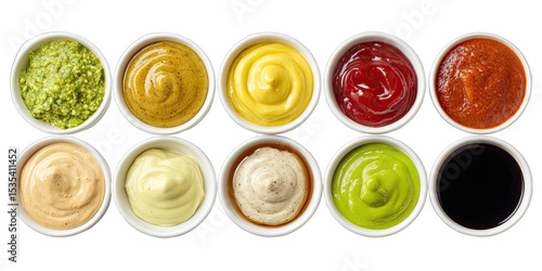 Various dips and sauces in small bowls
