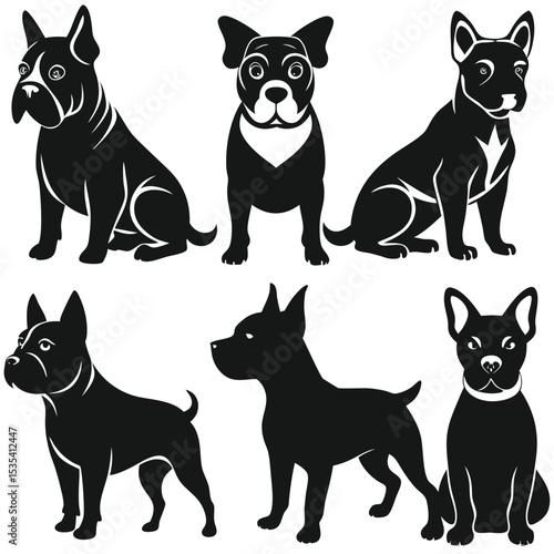 Collection of black and white silhouettes of different dog breeds in various poses