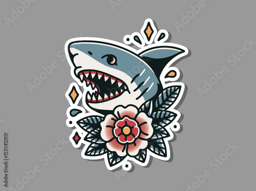 Traditional Shark Tattoo with Floral Accents