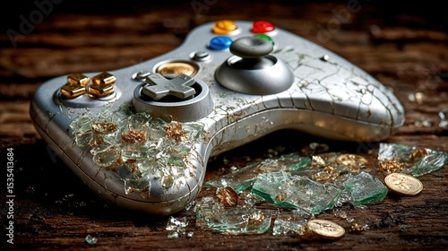 Broken game controller lying on wooden table with damaged buttons and visible cracks, representing frustration and limitation in gaming or technology.