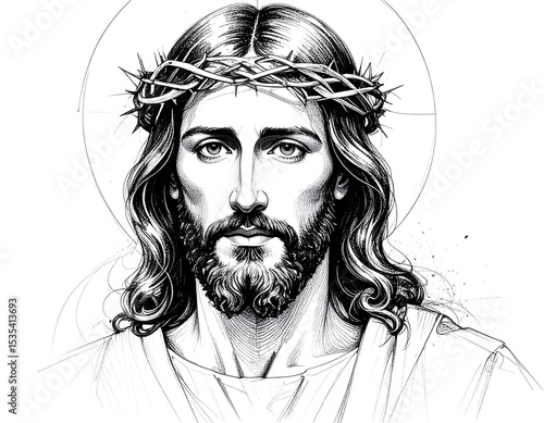 Jesus portrait, black and white, detailed