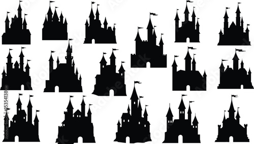 Fairytale castle vector silhouettes, medieval fantasy palace clipart, royal fortress black icons, ancient architecture illustration, magical tower design elements, enchanted kingdom shapes
