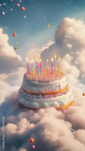 A whimsical birthday cake with colorful candles and sprinkles floating among fluffy clouds