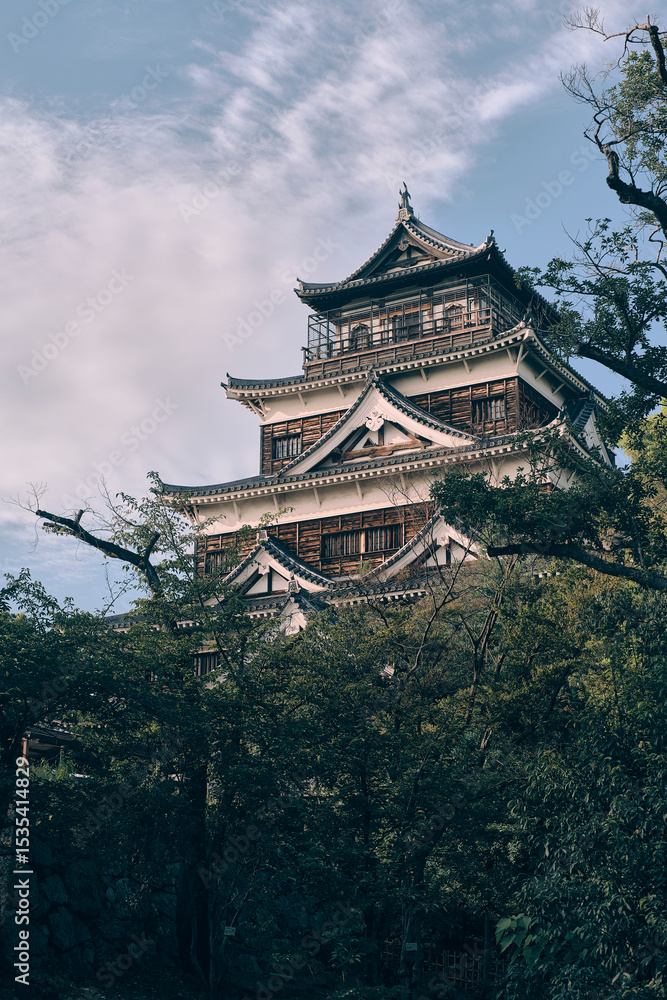 Fototapeta premium Scorcio del castello di Hiroshima tra la vegetazione.