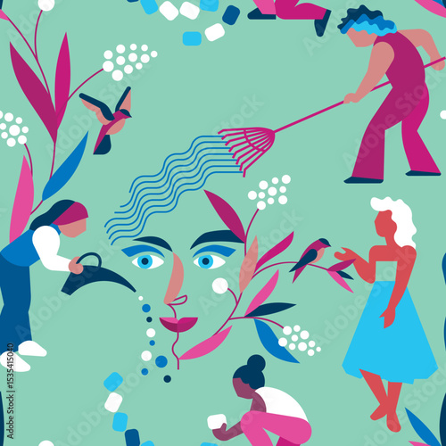 Wallpaper Mural Women’s Support, Friendship & Self-Care – Seamless Vector Pattern. Her inner garden.  Torontodigital.ca