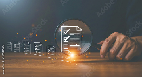A hand near a magnifying glass focusing on a checklist icon with other checklist icons in a row