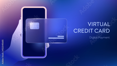 Virtual Payment by Credit card with Smartphone in Hand for Digital Banking and Online Pay Card Tech in Futuristic Glassmorphism Vector, Finance Innovation Technology on Abstract Gradient Background.