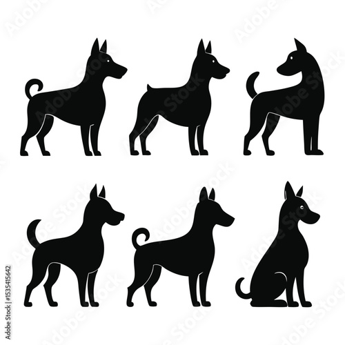 Silhouetted dogs in various poses representing cute canine companions on white background
