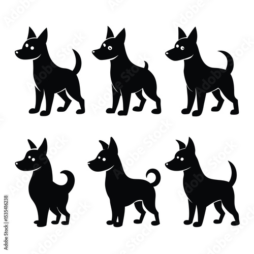 Simple black silhouette illustrations of six adorable dogs in various poses against white background