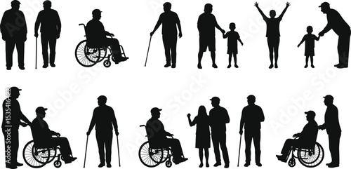 Silhouette of elderly people, wheelchair users, and caregivers, concept of aging, mobility aid, healthcare support, family care, intergenerational connection, 