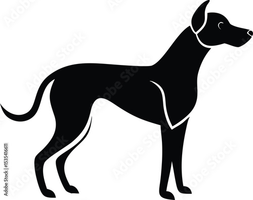 Sleek silhouette of a black dog in profile standing proud and dignified isolated
