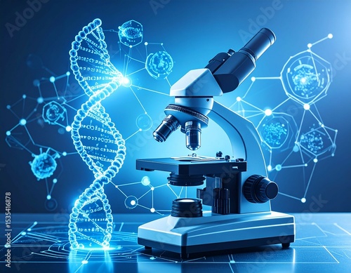 Biotech Laboratory Concept with Microscope and Holographic DNA