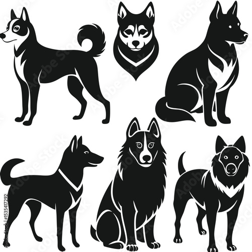 Vector illustration collection of various dog breeds presented in minimalist black and white styles.