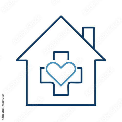 Healthcare house icon with heart and medical cross, ideal for promoting home health care and wellness services