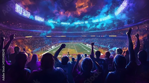 Crowd cheering at a night  in a stadium.