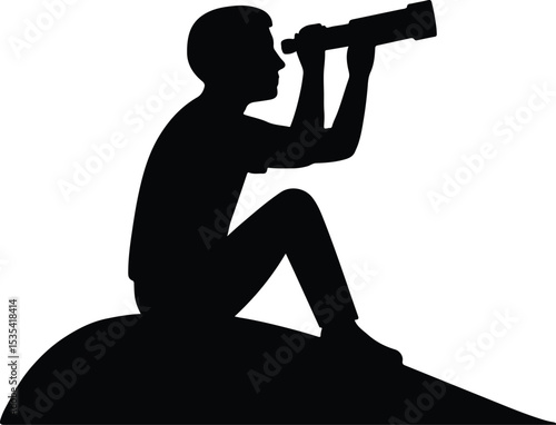 Silhouette man with telescope sits on hill vector illustration