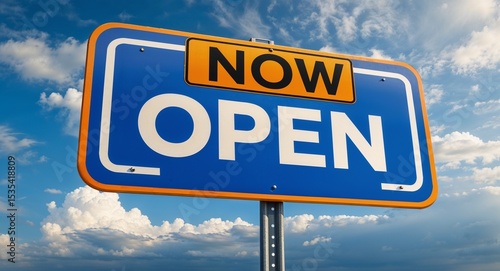 now open text on road sign with clouds and sky background