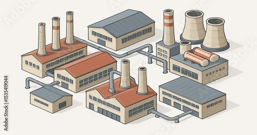 Isometric Illustration of Industrial Factory Complex with Chimneys and Pipes

