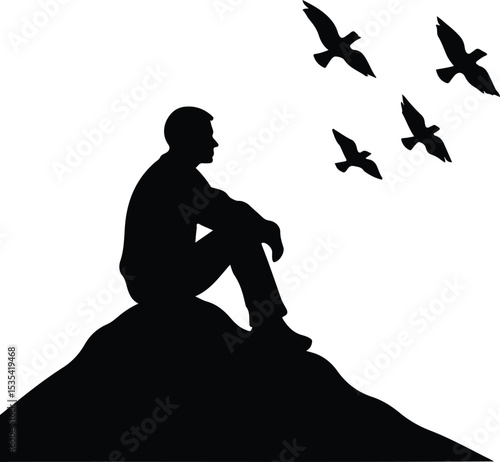 Silhouette of man sitting looking at flying birds vector illustration