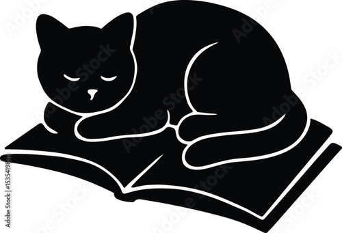 Silhouette of sleeping cat lying on a book vector illustration