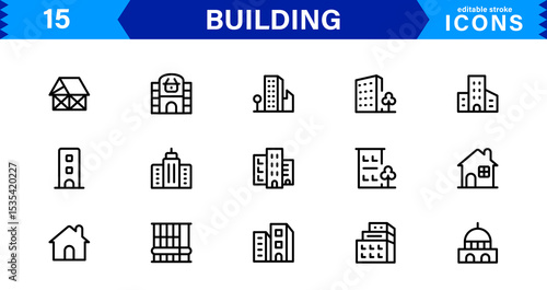 Building Icon Set Representing Construction, Architecture, Tools, Blueprints, and Urban Development in Simple, Download-Ready Vector Format