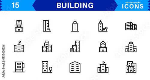 Building Icon Set Representing Construction, Architecture, Tools, Blueprints, and Urban Development in Simple, Download-Ready Vector Format