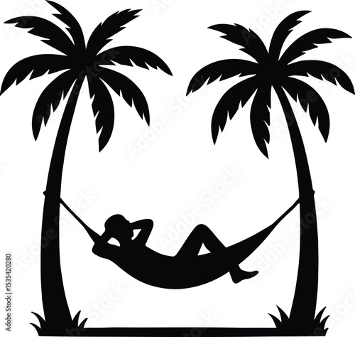Silhouette person in hammock between palm trees vector illustration
