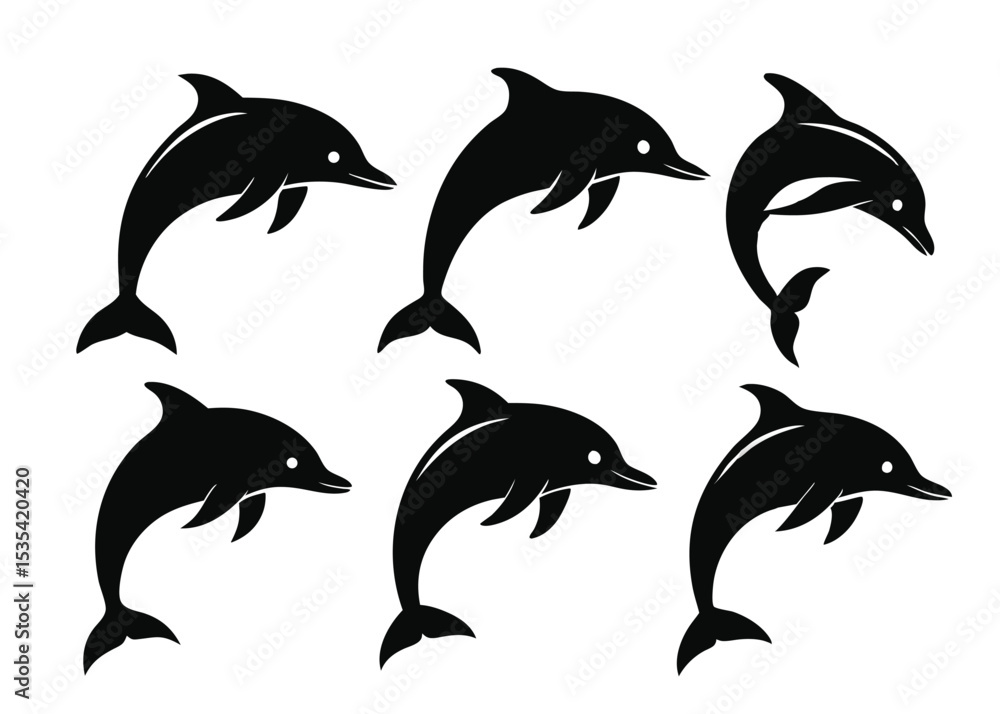 Naklejka premium A collection of stylized black dolphin silhouettes swimming and jumping against a white background