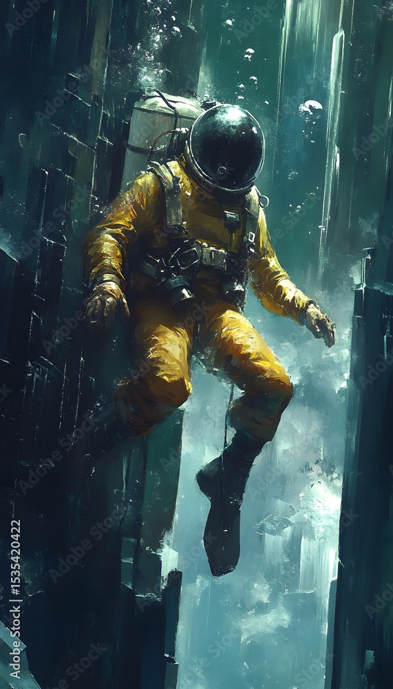 Fototapeta premium Submerged astronaut in a decaying structure.