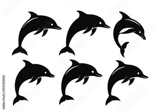 A collection of stylized black dolphin silhouettes swimming and jumping against a white background