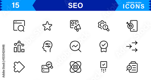 SEO Icon Set Featuring Search Engine Optimization, Keywords, Analytics, Ranking, and Traffic Concepts in a Clean, Professional Vector Style