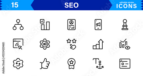 SEO Icon Set Featuring Search Engine Optimization, Keywords, Analytics, Ranking, and Traffic Concepts in a Clean, Professional Vector Style