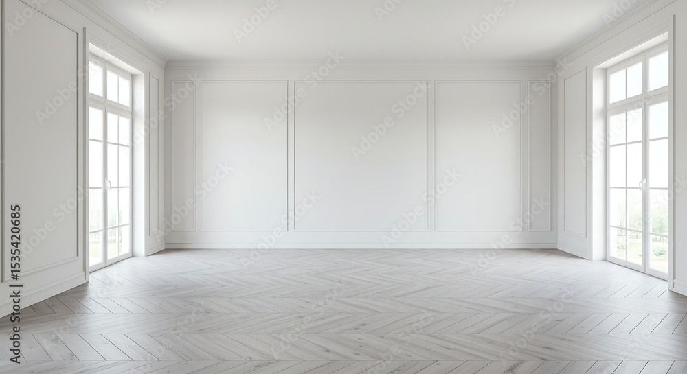 Empty White Room with Parquet Floor and Natural Light Empty White Room with Parquet Floor and Natural Light