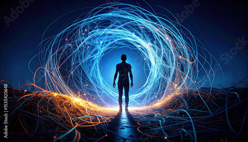 Figure stands silhouetted against swirling vortex of blue and orange light, surrounded by chaotic tangle of wires. scene evokes sense of mystery and energy, suggesting journey into unknown