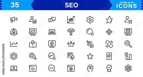 SEO Icon Set Featuring Search Engine Optimization, Keywords, Analytics, Ranking, and Traffic Concepts in a Clean, Professional Vector Style