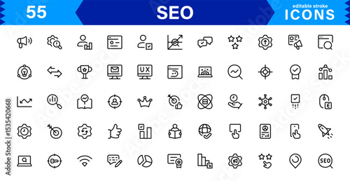 SEO Icon Set Featuring Search Engine Optimization, Keywords, Analytics, Ranking, and Traffic Concepts in a Clean, Professional Vector Style