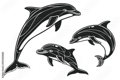 Artistic illustration featuring three graceful black and white dolphin silhouettes