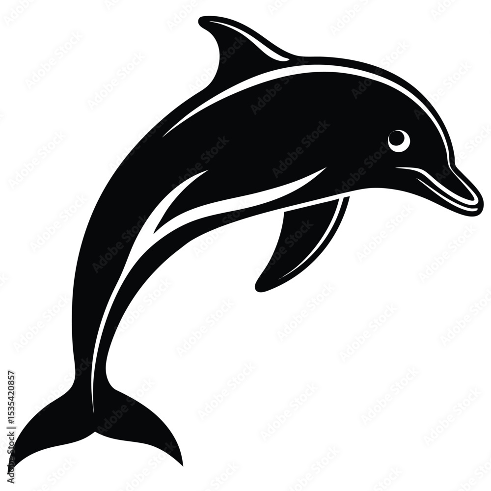 Fototapeta premium Black and white dolphin silhouette vector graphic for aquatic wildlife ocean mammal designs