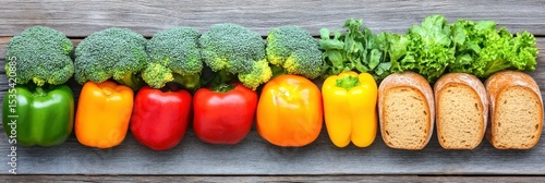 Fresh Produce and Bread Lined Up on a Wooden Surface