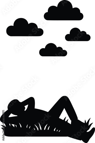 Silhouette person relaxing in grass under clouds vector illustration