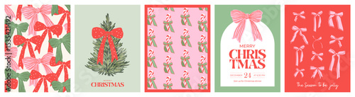Merry Christmas and Happy New Year greeting card Set. Modern beautiful Xmas design with Christmas tree with red bow, candy cane and bows pattern, typography design. Minimal art banner, poster, cover