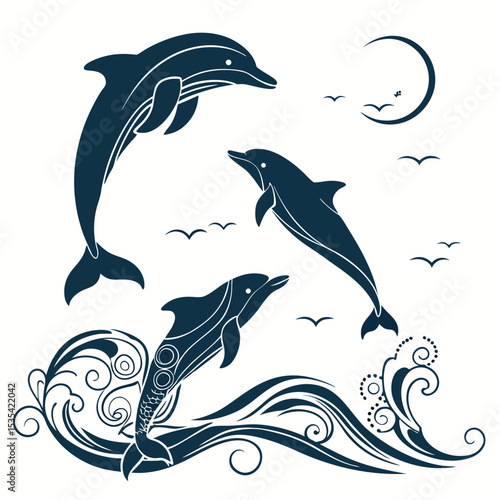 Decorative vector illustration of playful dolphins jumping in the ocean with waves and birds